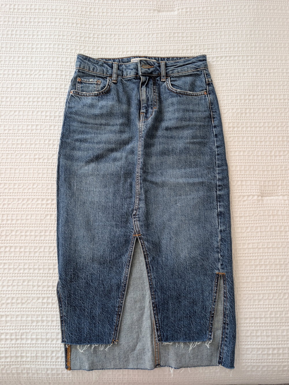 Zara Blue Denim Straight Leg Jeans Skirt with Front Slit